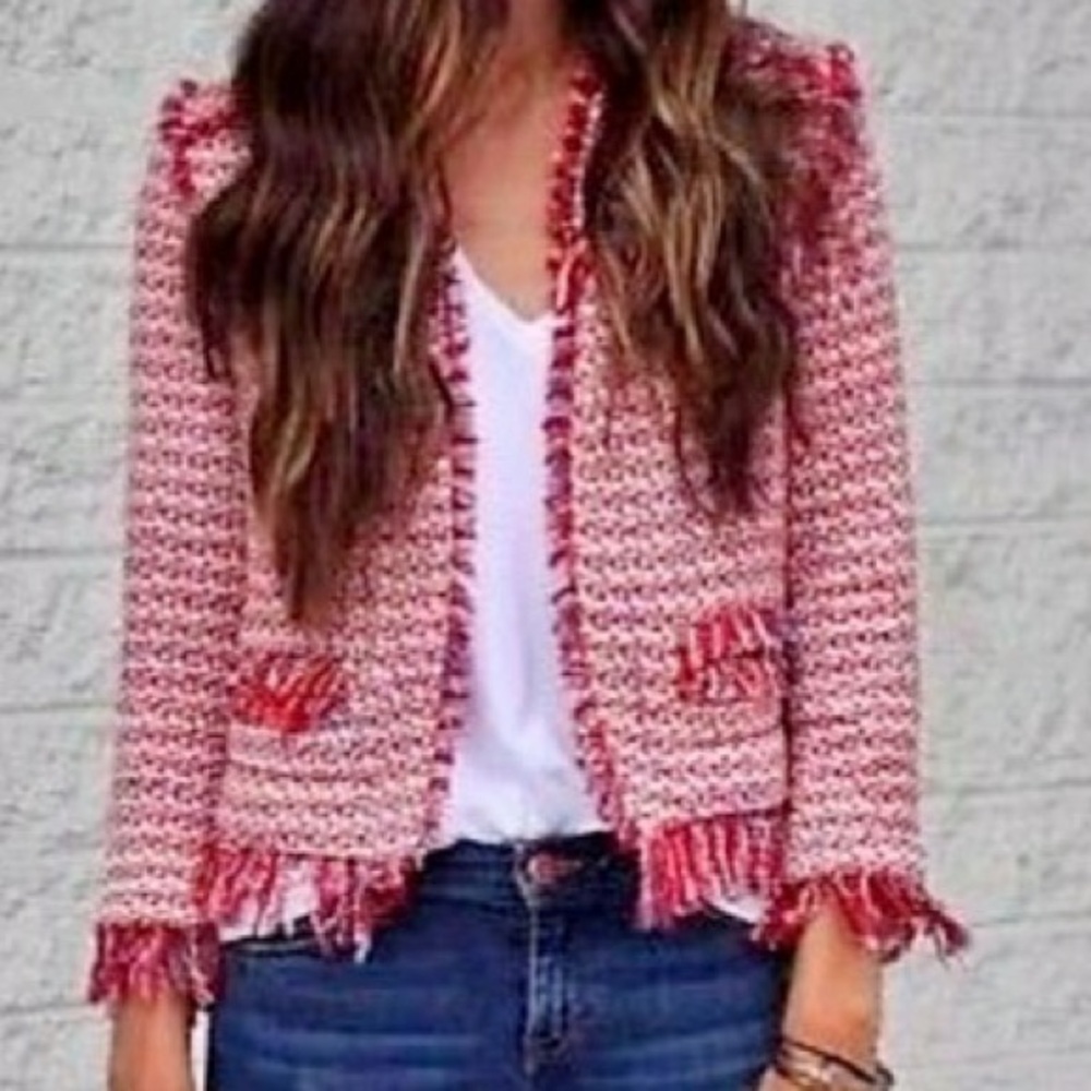 ZARA RED TWEED BLAZER JACKET FRAYED TRIMS FRINGE